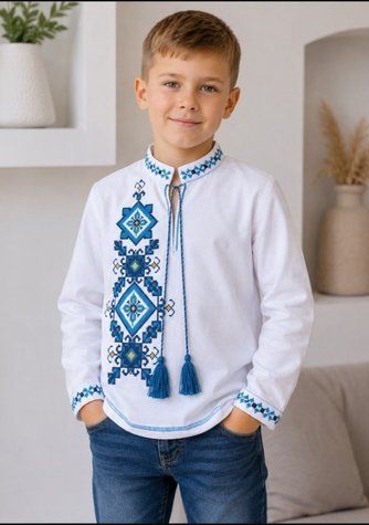 7 шт.|Вишиванка хлопчик, довгий рукав, інтерлок, біла з синім орнаментом, Україна, 30-42 розмір 1155 &mdash; Melorina